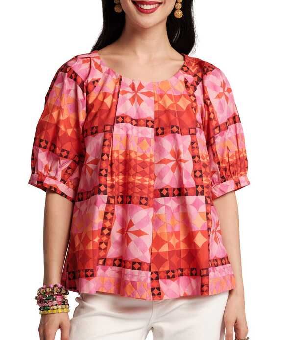 フランセスバレンタイン レディース トップス シャツ プリント FRANCES VALENTINE Zonda Poplin Mosaic Print Scoop Neck Elbow Sleeve