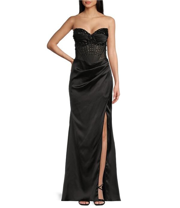 ジービー レディース トップス ワンピーストラップレス GB Social Straplessweetheart Beaded Rhinestone Corset Long Dress Black ブ