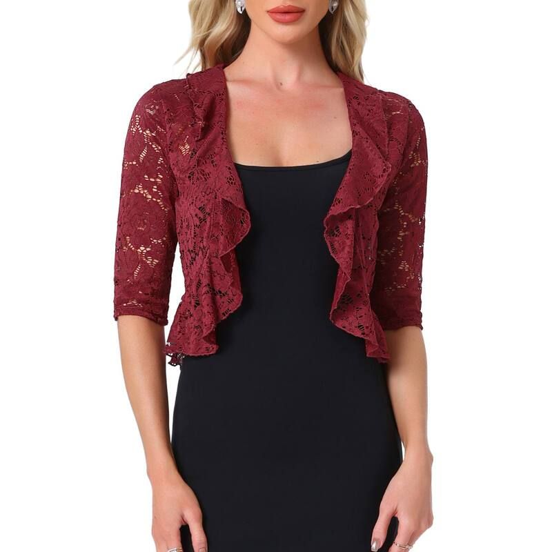 アレグラ ケー レディース アウター ニット・セーター フリル裾 フリル カーディガン レース ALLEGRA K Lace Cardigan for Womens Evening Wedding 3
