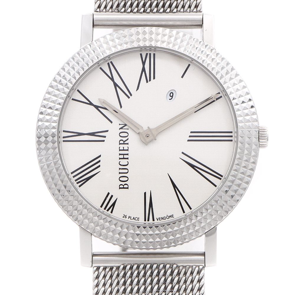BATTERY REPLACED BOUCHERON RONDE WA010305 DATE SILVER SS STAINLESS STEEL MENS QUARTZ [6 MONTH WARRANTY] [WATCH] [USED]