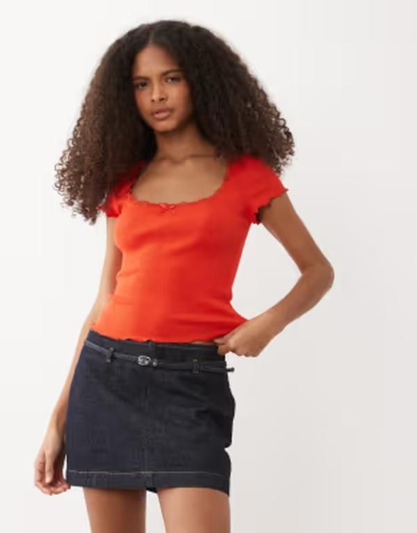 ミスセルフフリッジ レディース トップス シャツ レーストリム レース Misselfridge square neck lace trim short sleeve top RED レッド