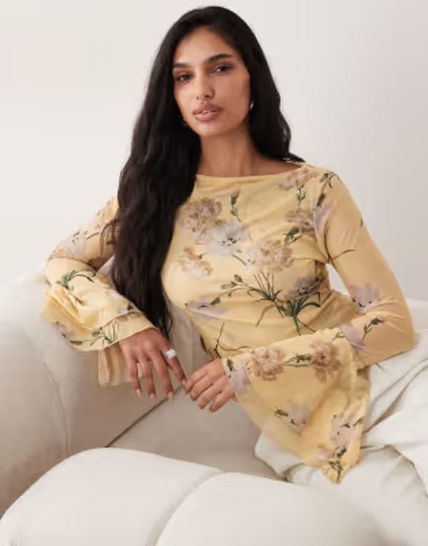 エイソス レディース トップス シャツ フラワー柄 メッシュ フラワー ASOS DESIGN mesh slinky long sleeve top with flare sleeve detail