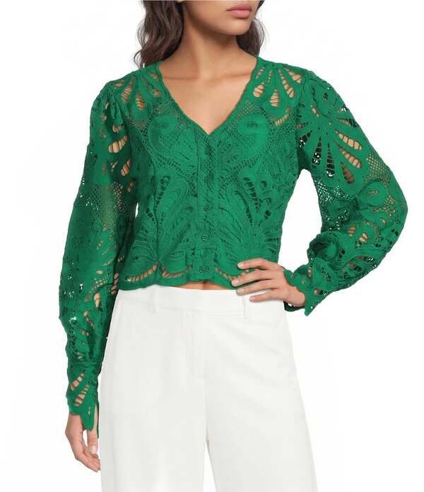 スカイズアブルー レディース トップス シャツ Vネック レース Skies Are Blue All Over Lace VNeck Long Sleeve Top Kelly Green グリーン 15,036円