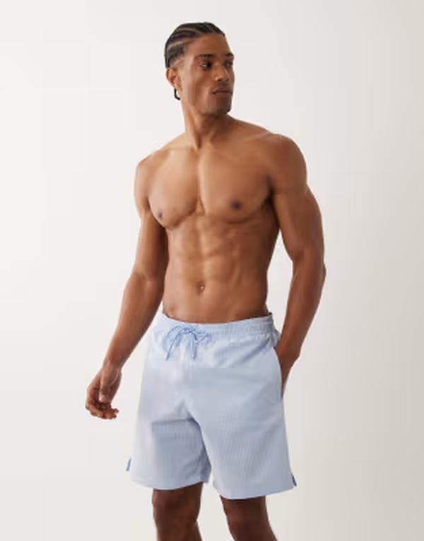 マンゴ メンズ 水着 ハーフパンツ・ショーツ ショートパンツ Mango seersucker boxer swim shorts in pastel Pale blue ブルー