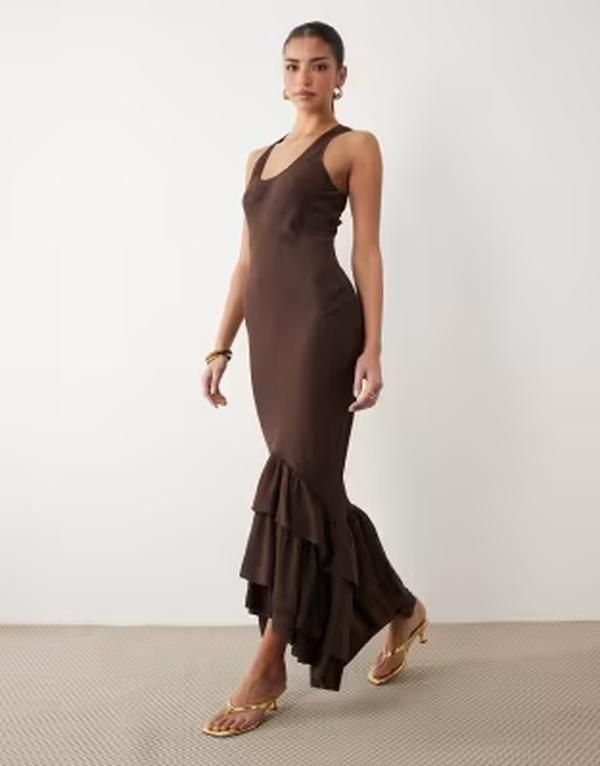 エイソス レディース トップス ワンピース マキシ ASOS DESIGN frill hemaxi dress in chocolate Brown ブラウン