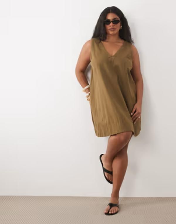 エイソス レディース トップス ワンピース Vネック ミニ ASOS Curve ASOS DESIGN Curve v neck smock mini sundress in moss Green