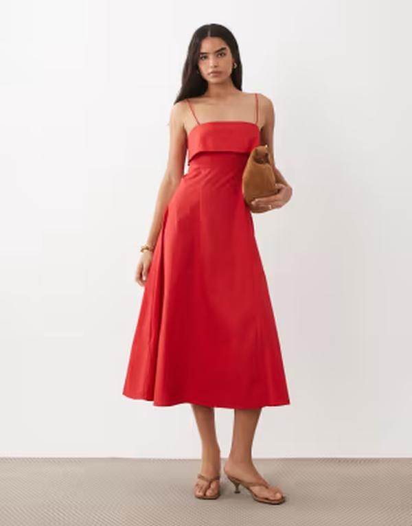 マンゴ レディース トップス ワンピース コットン マキシ Mango 100 cotton strappy maxi dress in bright RED レッド