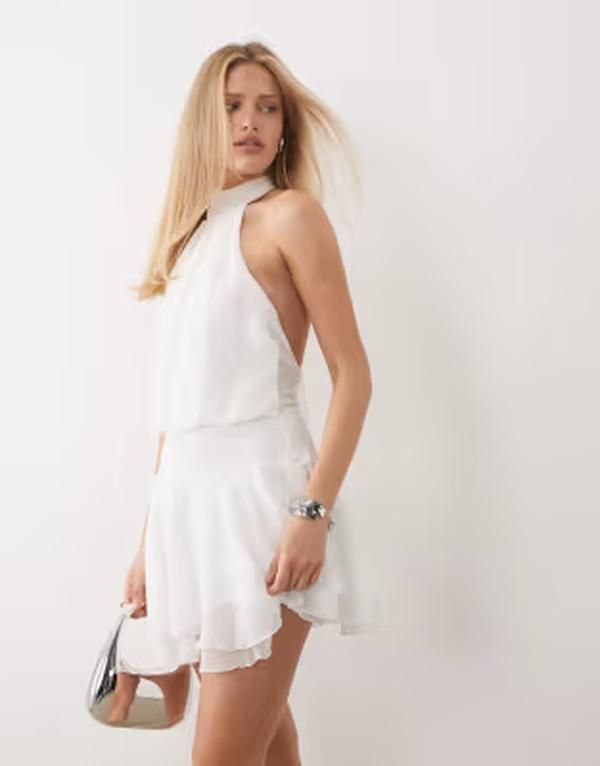 ファッションキラ レディース トップス ワンピース シフォン フリル ミニ スカート ホルター Fashionkilla chiffon halterneck foldover detail ruff