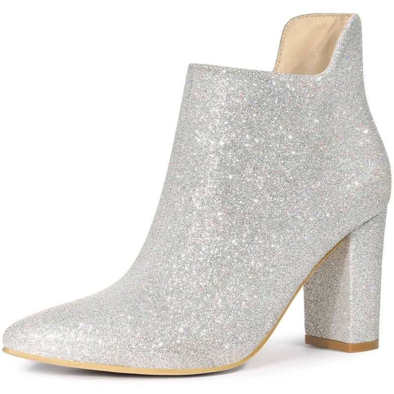 アレグラ ケー レディース シューズ ブーツ・レインブーツ カットアウト アンクル ヒール ALLEGRA K Womens Glitter Pointed Toe Cutout Block Heel