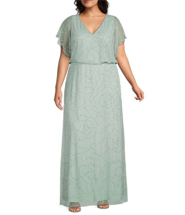 アドリアナ パペル レディース トップス ワンピース プラスサイズ メッシュ Adrianna Papell Plusize Beaded Mesh Blouson Long Dress Icy Sa