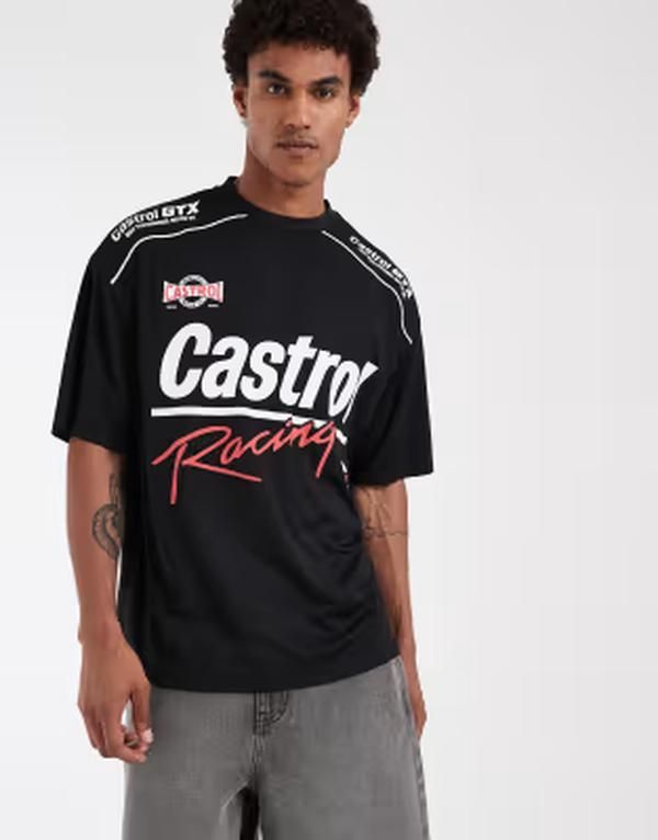 エイソス メンズ トップス Tシャツ プリント メッシュ ASOS DESIGN oversized mesh tee with Castrol print Black ブラック