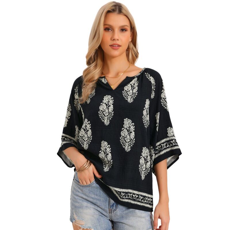 インスパイア シック レディース トップス シャツ Vネック プリント ブラウス INSPIRE CHIC Summer Tops for Women 34 Sleeve Notched V Neck