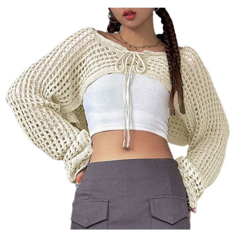 イエスファッション レディース アウター ニット・セーター カーディガン クロップド Yesfashion Womens Long Sleeve Crochet Shrug Tie Front Cro長袖