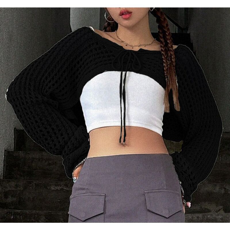 イエスファッション レディース アウター ニット・セーター カーディガン クロップド Yesfashion Womens Long Sleeve Crochet Shrug Tie Front Cro