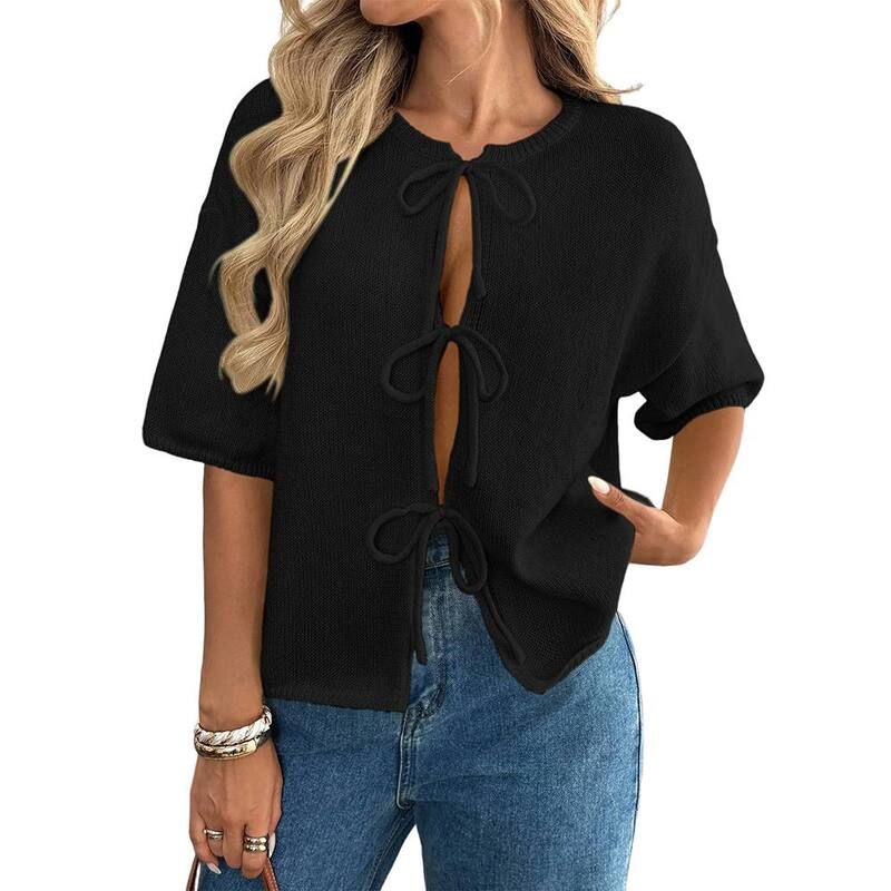 セオリア レディース アウター ニット・セーター カーディガン Seoria Women Tie Front Short Sleeve Knit Cardigan Top Black ブラック 9,086円