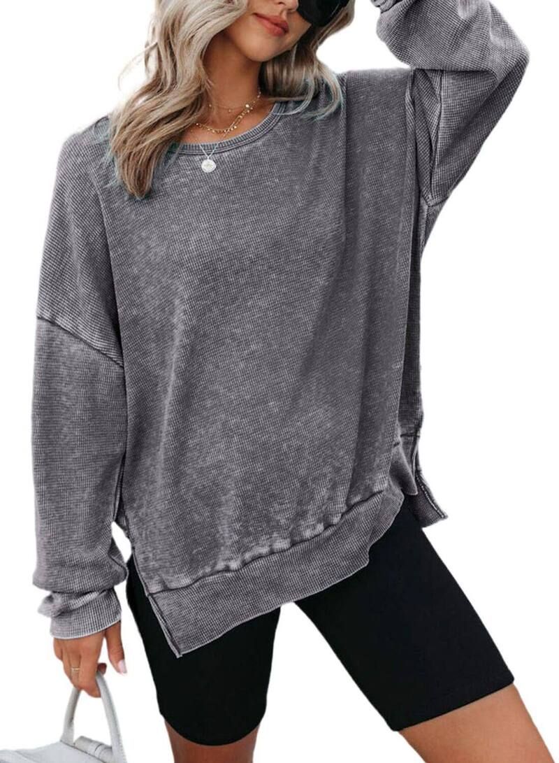 ファンジュライ レディース アウター ニット・セーター クルーネック スウェット シャツ FUNJULY Womens Long Sleeve Oversized Waffle Knit Crewne