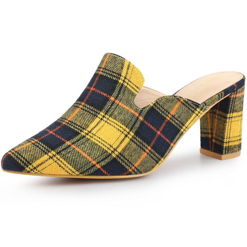 ブリスフルステップ レディース シューズ サンダル ヒール BLISSFUL STEPointed Toe Slip on Chunky Heels Houndstooth Slide Mules f