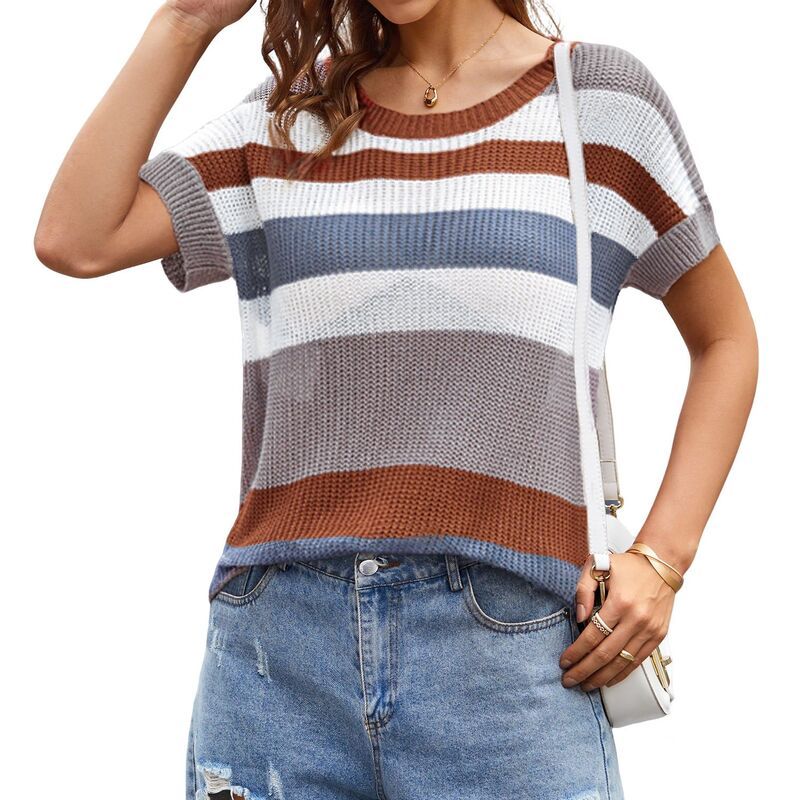 クリアフラワー レディース アウター ニット・セーター クルーネック ClearFlower Womens Casual Striped Knitop Loose Short Sleeve Crew
