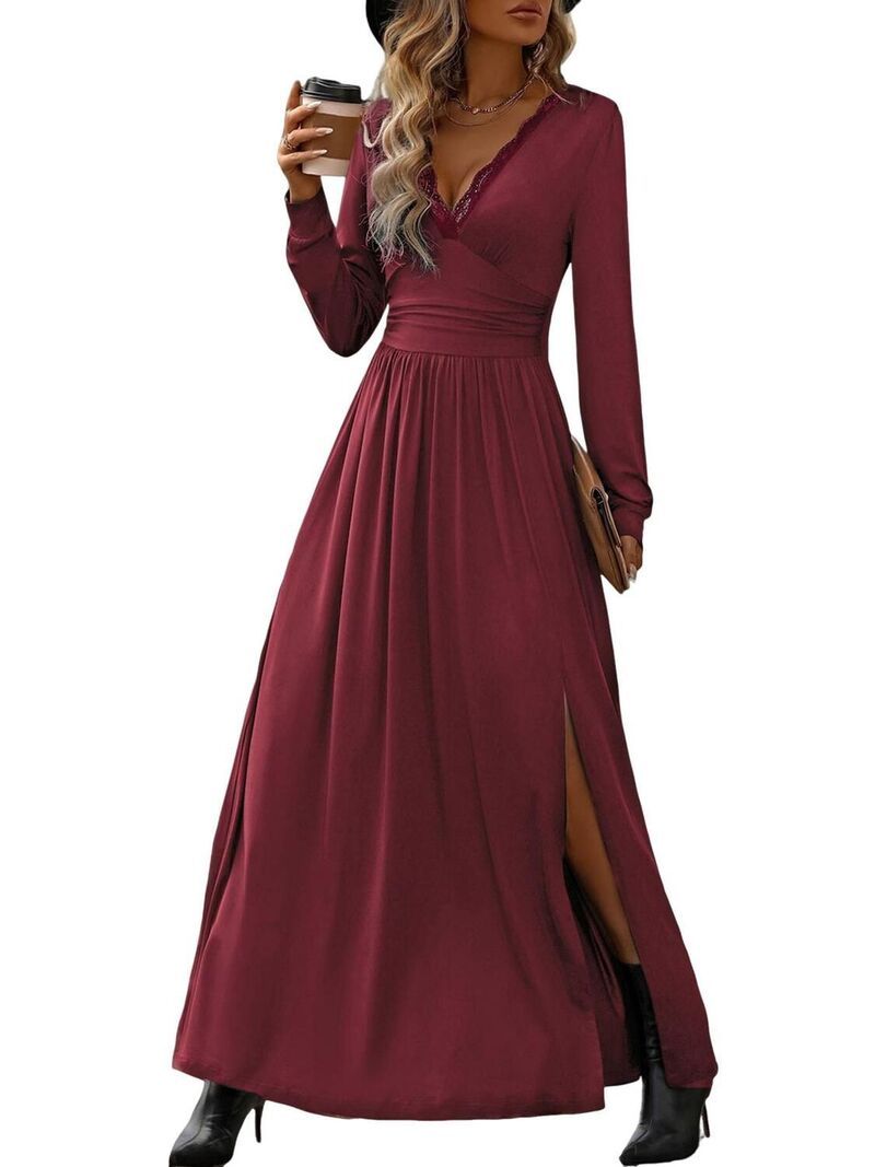 ファンジュライ レディース トップス ワンピース Vネック レーストリム ギャザー レース マキシ FUNJULY Womens VNeck Long Sleeve Lace Trimaxi Dres