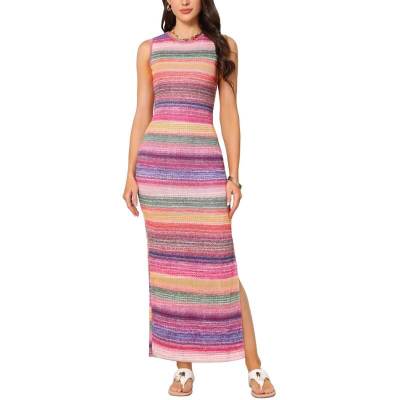 インスパイア シック レディース トップス ワンピース クルーネック マキシ INSPIRE CHIC Summer Boho Maxi Dress for Women Striped Crew Ne