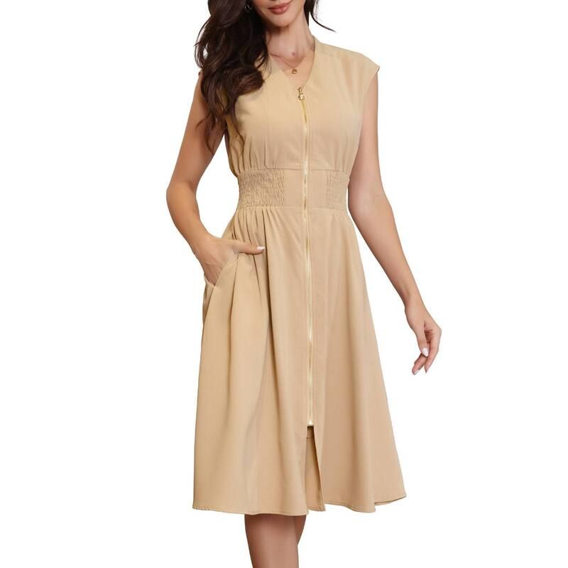 インスパイア シック レディース トップス ワンピース A ライン ミディ ノースリーブ シャーリング INSPIRE CHIC Work Dresses for Womensmocked Waist