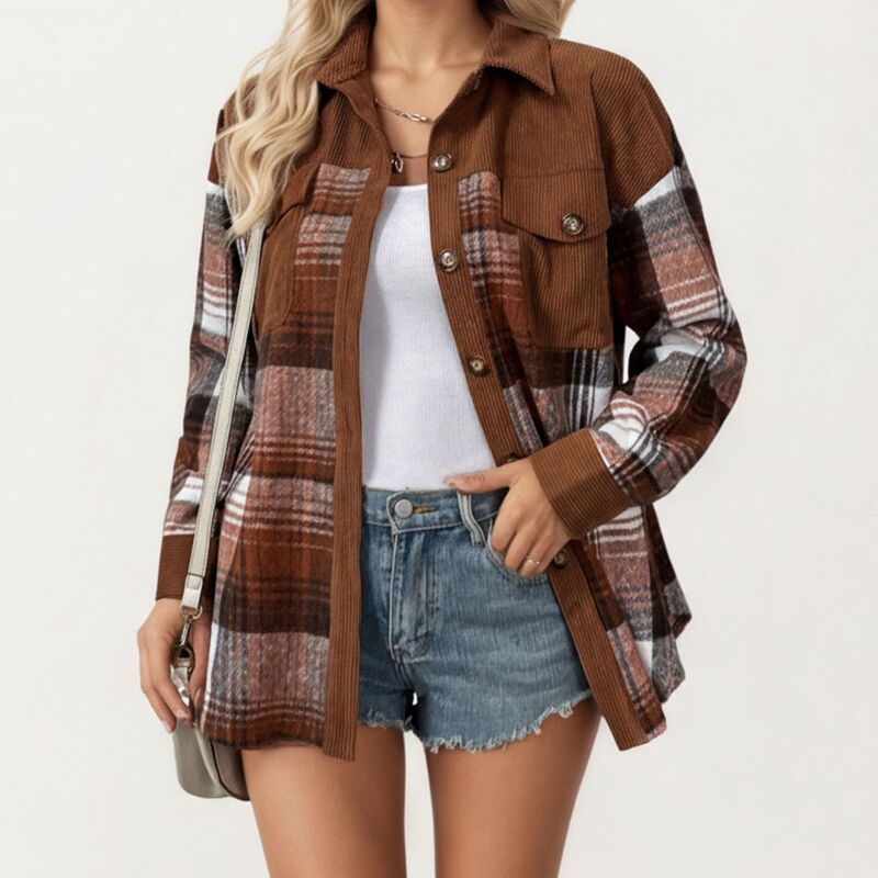 アンナカシ レディース アウター ジャケット・ブルゾン コーデュロイ シャツ コントラスト AnnaKaci Womens Plaid Button Front Shirt Jacket with S