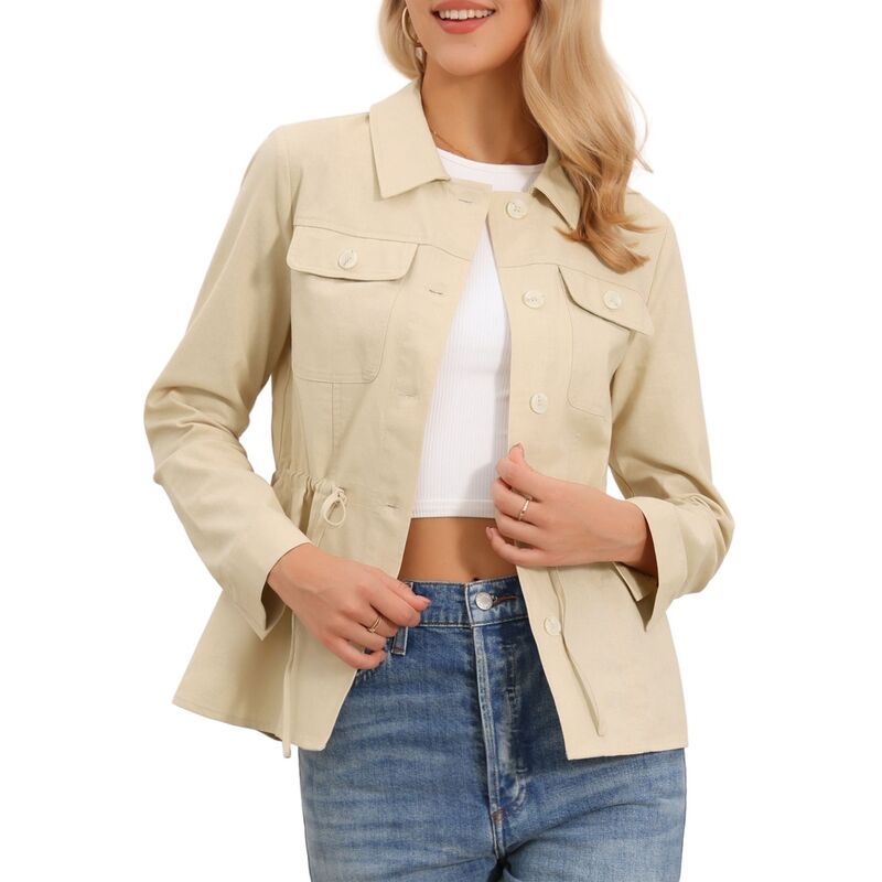 インスパイア シック レディース アウター ジャケット・ブルゾン ボタンダウン ドローコードウエスト ダウン リネン INSPIRE CHIC Linen Utility Jacket for Wom