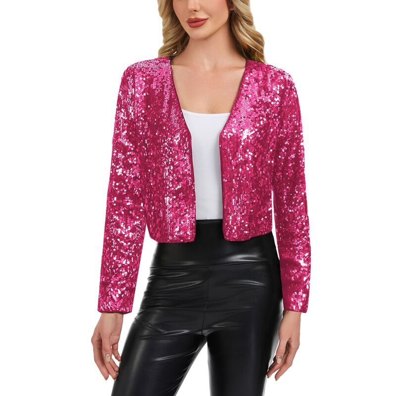 アンナカシ レディース アウター ジャケット・ブルゾン スパンコール カーディガン クロップド AnnaKaci Womensequin Open Front Cardigan with Long S