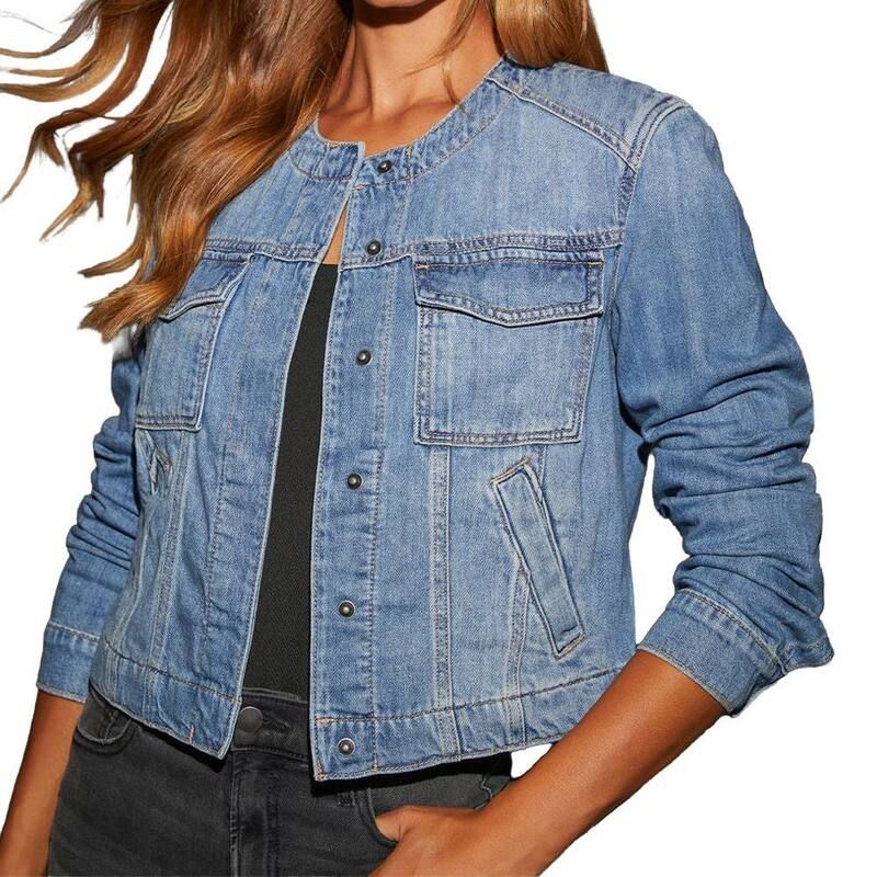 セオリア レディース アウター ジャケット・ブルゾン ボタンダウン クルーネック ダウン デニム Seoria Women Jean Jacket Button Down Crew Neck Long