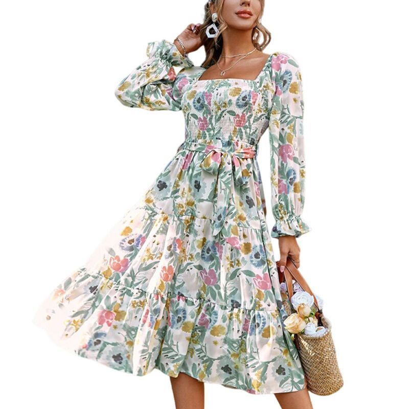 ジョイジョイ レディース トップス ワンピース プリント ミディ JoyJoy Womens Classic Square Neck Flared Long Sleeve Fashion Printe 12,586円