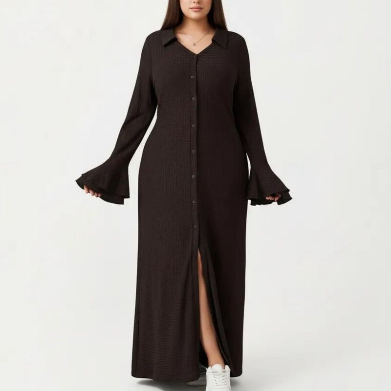 アンナカシ レディース トップス ワンピース リラックスフィット ボタンダウン フロントスリット ダウン マキシ AnnaKaci Button Down Maxi Dress with Collar