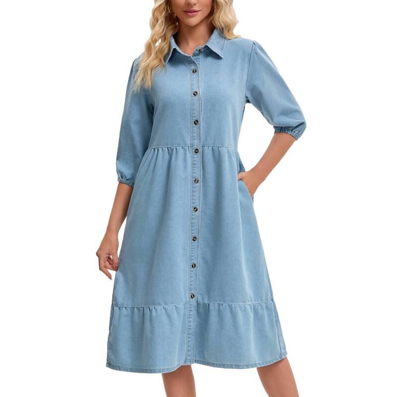 インスパイア シック レディース トップス ワンピース ティアード A ライン フリル ミディ デニム INSPIRE CHIC Womens Denim Dress Puffy 34 Sleeve 14,541円