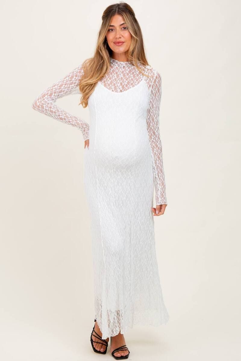 ピンクブラッシュ レディース トップス ワンピース モックネック レース マタニティ マキシ PinkBlush Maternity Lace Mock Neck Long Sleeve Maxi D