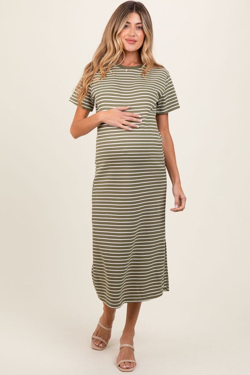ピンクブラッシュ レディース トップス ワンピース サイドスリット ミディ Tシャツ マタニティ PinkBlush Maternity Striped Short Sleeve Side SlitS