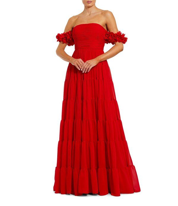 マックダガル レディース トップス ワンピース シフォン Mac Duggal Chiffon Off The Shoulder Gown With 3D Flowers Red レッド