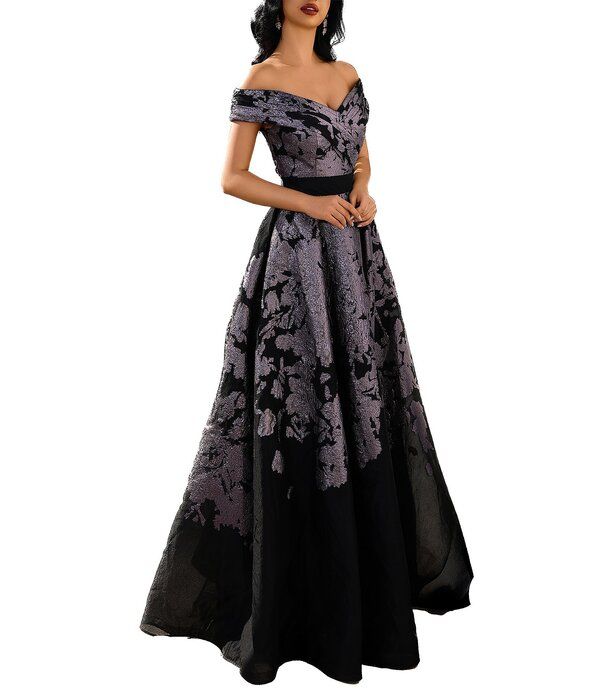 テラニクチュール レディース トップス ワンピース プリント Terani Couture Portrait Collar Printed Organza Longown Black Pewter ブ 108,900円