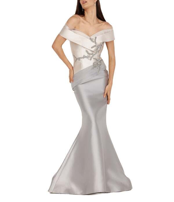 テラニクチュール レディース トップス ワンピース Terani Couture Beaded OfftheShoulder Mermaid Gown Champagne Rose シャンパン