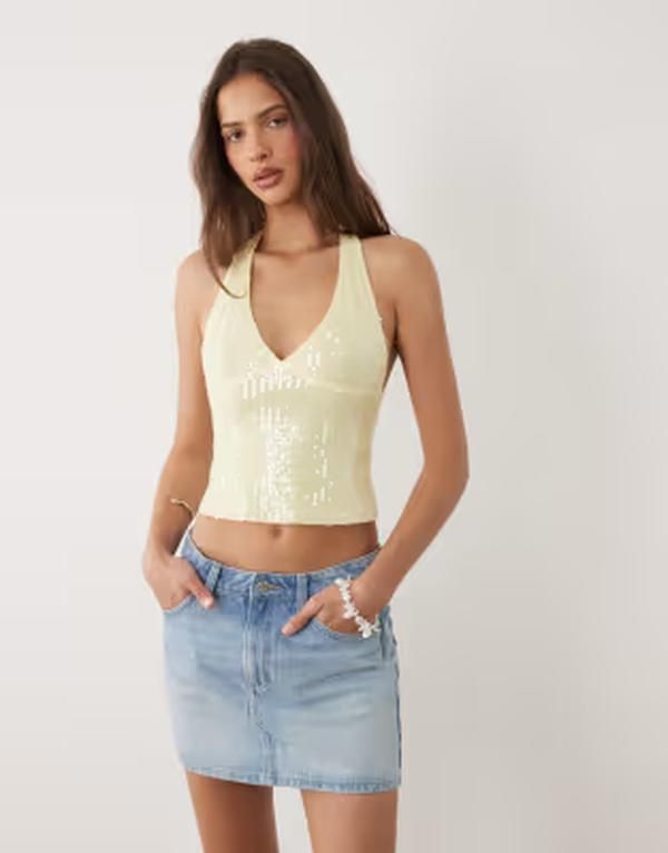モーテル レディース トップス シャツ スパンコール ホルター Motel Cosio sequin halterneck top yellow イエロー