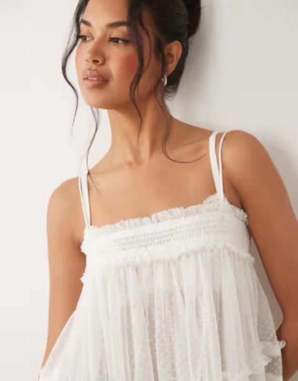 エイソス レディース トップス シャツ ティアード フリル ASOS DESIGN tie red textu red cami with ruffles White ホワイト