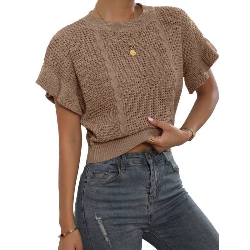 イエスファッション レディース アウター ニット・セーター フリル クロップド Yesfashion Womens Cable Knit Cropped Sweateround Neck Ruffle