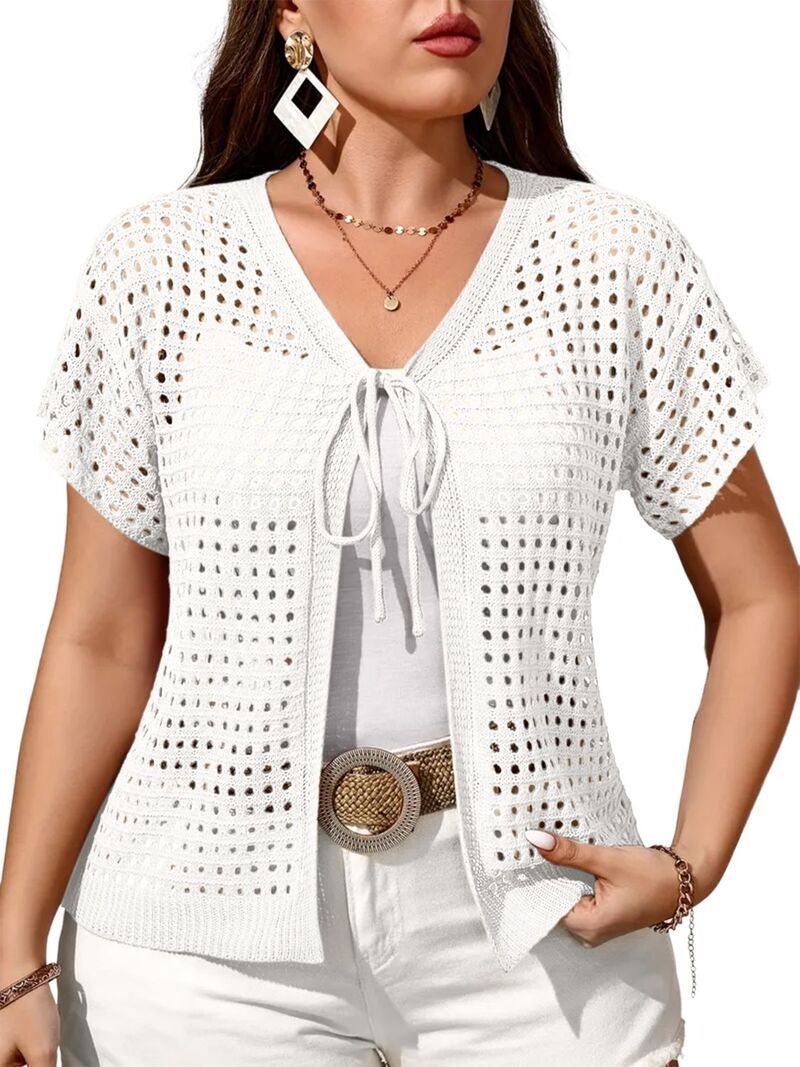 ファンジュライ レディース アウター ニット・セーター カーディガン FUNJULY Womens Crochet Shrug Short Sleeve Tie Front Cardigan Open