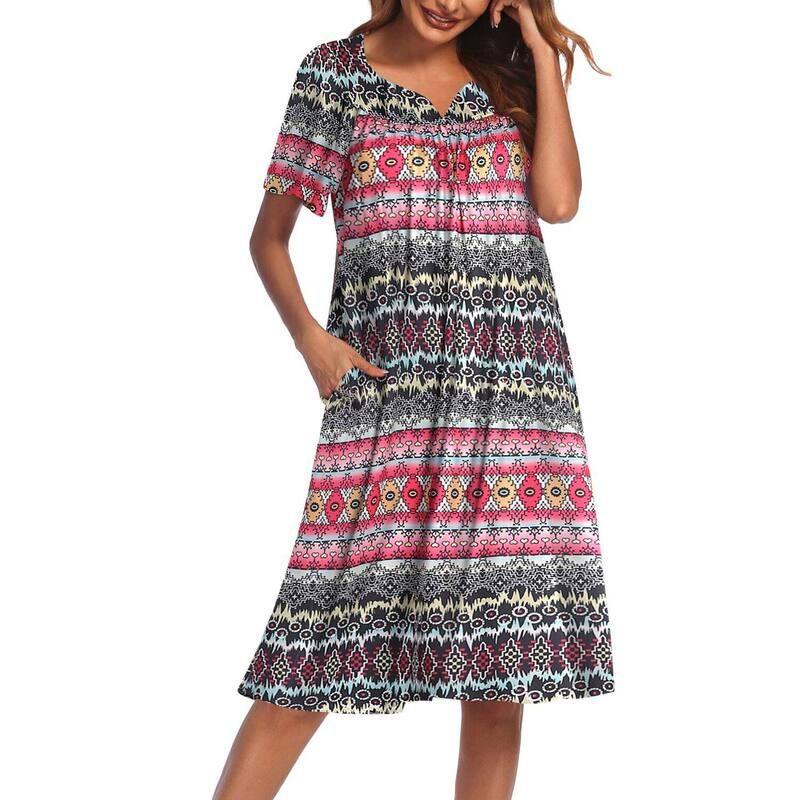 エコアー レディース アンダーウェア ナイトウェア Ekouaer Womens House Dress with Pockets Black Red Boho ブラック