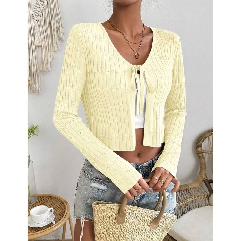 セオリア レディース アウター ニット・セーター カーディガン クロップド Seoria Womens Long Sleeve Knit Cropped Cardigan Tie Up Shrug T