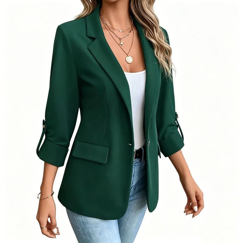 コジョイン レディース アウター ジャケット・ブルゾン ブレザー Kojooin Womensolid ColorollUp Sleeve Open Front Casual Blazer Green
