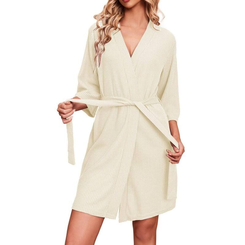 エコアー レディース アンダーウェア ナイトウェア ひざ丈 ニット Ekouaerobes Waffle Knit Bathrobe Soft Lightweight Knee Length Loun