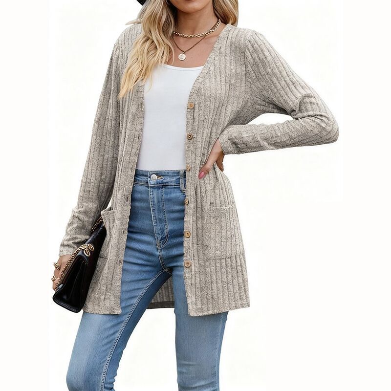 クリアフラワー レディース アウター ニット・セーター Vネック ボタンダウン リブ カーディガン ダウン ClearFlower Womens Ribbed Long Sleeve V Neck B