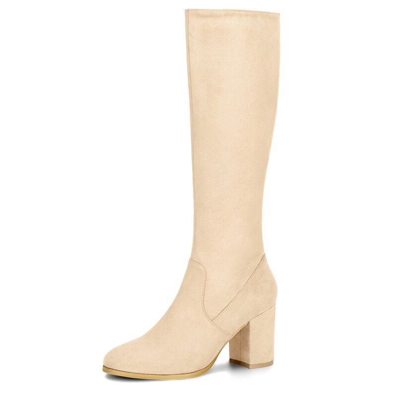 アレグラ ケー レディース シューズ ブーツ・レインブーツ ヒール ALLEGRA K Womenside Zipper Chunky Heel Knee High Boots Beige ベージュ
