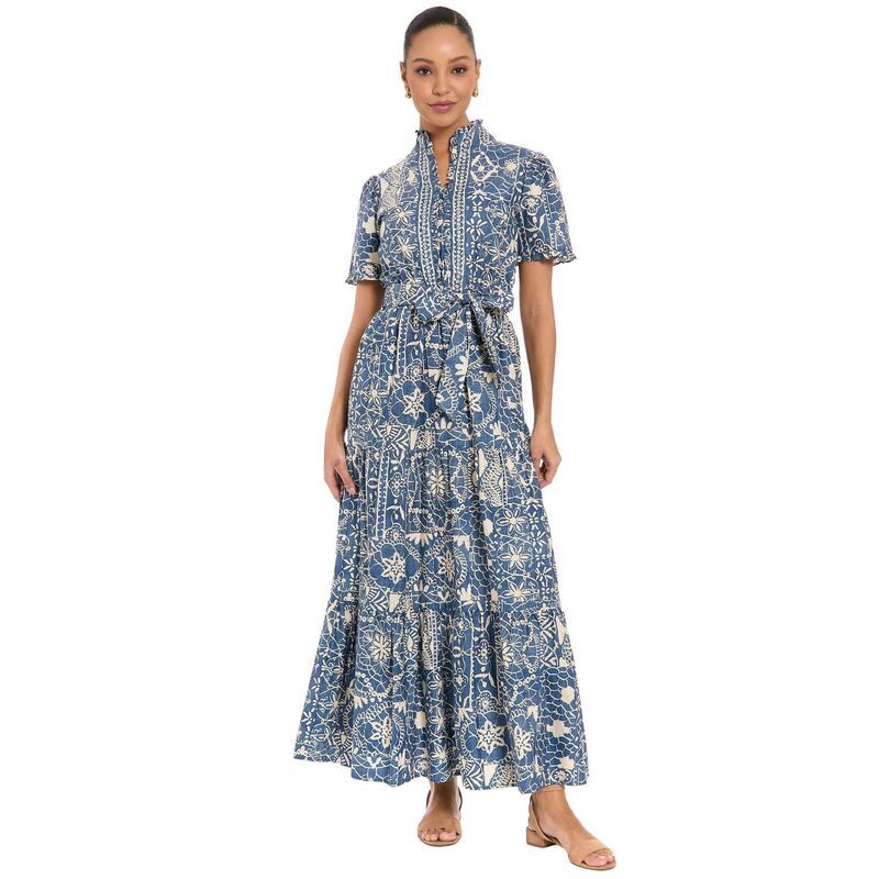 ロンドンタイムス レディース トップス ワンピース ティアード フリル マキシ Womens London Times Ruffle Neck Short Sleeve Tie red Maxi Dr