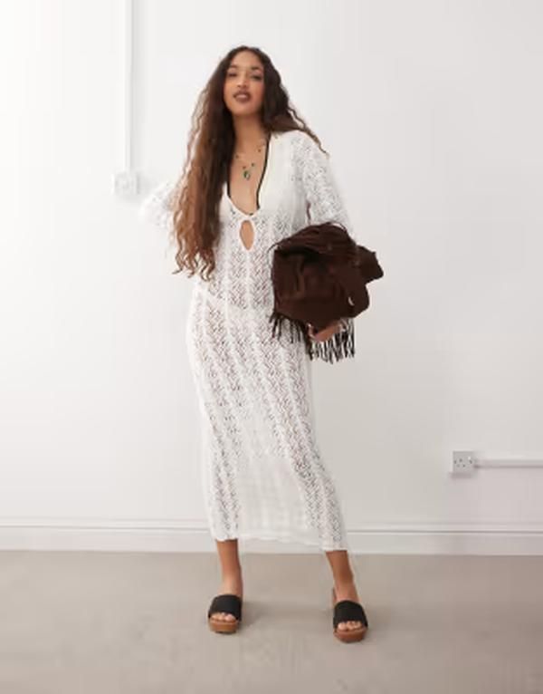 ライオネス レディース トップス ワンピース Lionessoiree plunge neckeyhole detail crochet beach midaxi dress Porcelain ホワ