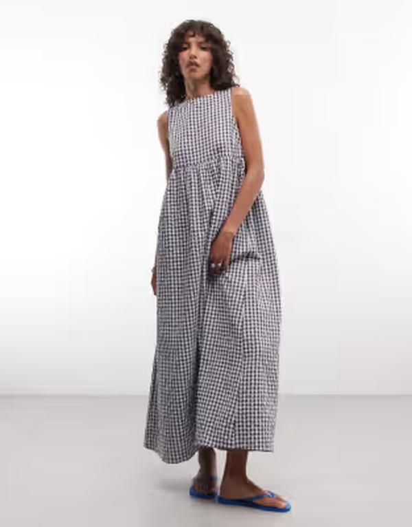 コルージョン レディース トップス ワンピース ハイネック ギンガムチェック ギンガム COLLUSION high neck smock dress gingham BLUE ブルー